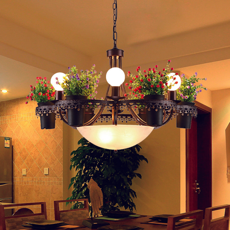 Bowl Chandelier Pendant Light With Opal Glass 9-Bulb Black Ceiling Lamp And Potted Plant: A Perfect