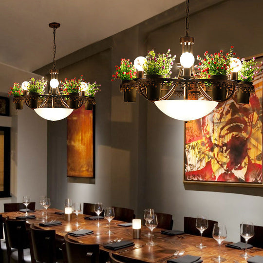 Bowl Chandelier Pendant Light With Opal Glass 9-Bulb Black Ceiling Lamp And Potted Plant: A Perfect