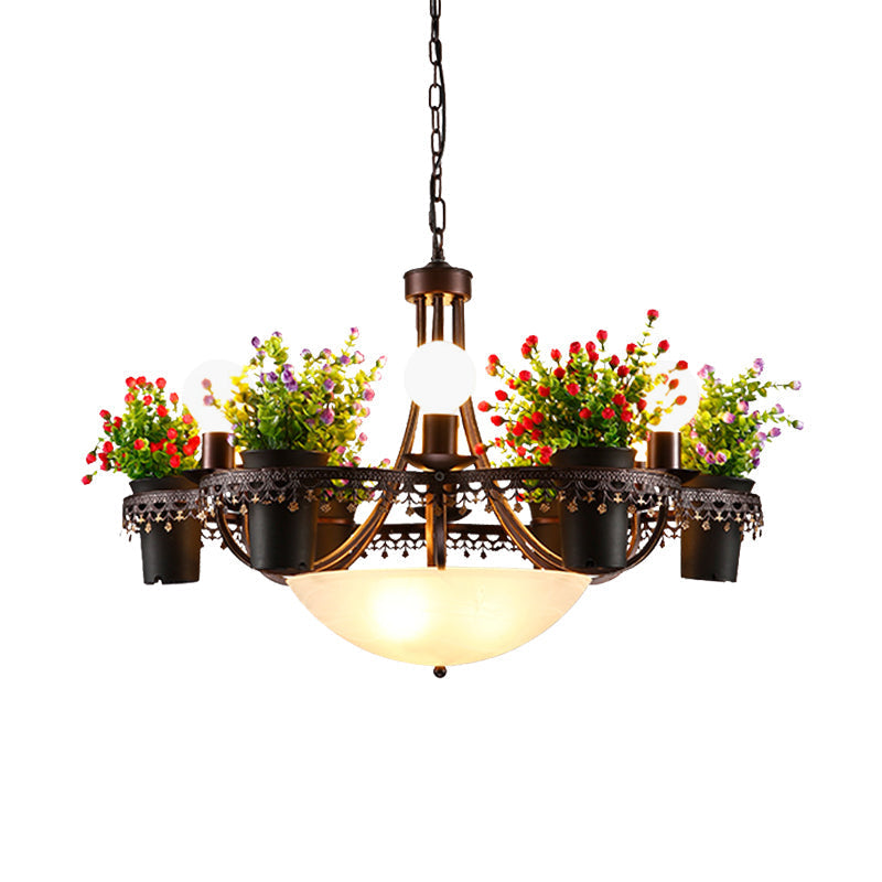 Opal Glass 9-Bulb Pendant Light with Black Bowl Design and Potted Plant