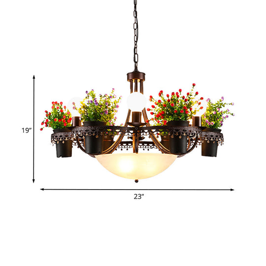 Opal Glass 9-Bulb Pendant Light with Black Bowl Design and Potted Plant