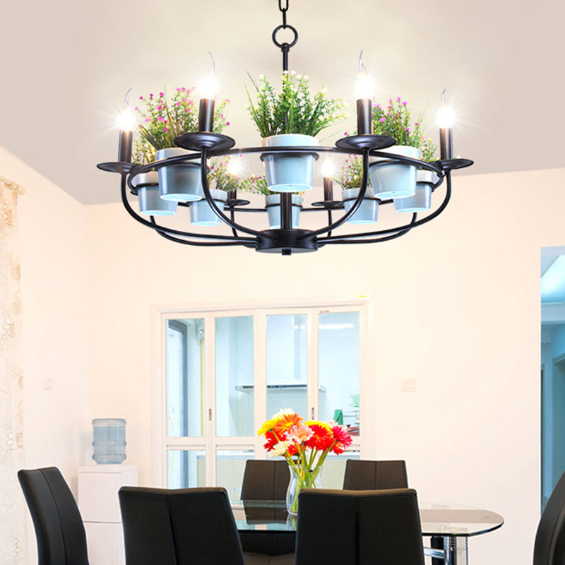 Industrial Iron 6/8-Light Black Pendant Chandelier With Potted Plant Decor For Living Room 8 /