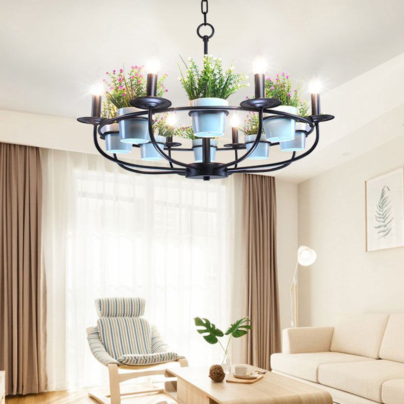 Industrial Iron 6/8-Light Black Pendant Chandelier With Potted Plant Decor For Living Room