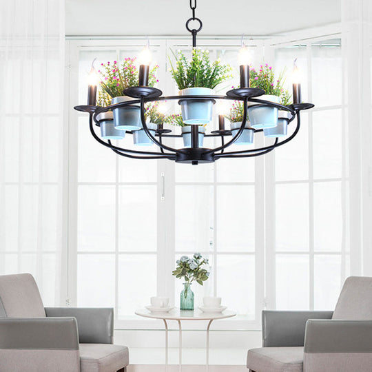 Industrial Iron 6/8-Light Black Pendant Chandelier With Potted Plant Decor For Living Room