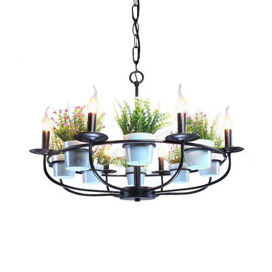 Industrial Iron Candelabra Chandelier, 6/8 Head Black Pendant Light with Potted Plant Decor - Perfect for the Living Room