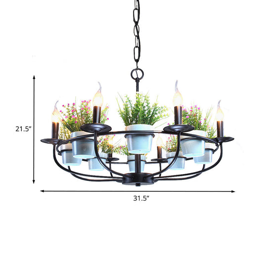 Industrial Iron Candelabra Chandelier, 6/8 Head Black Pendant Light with Potted Plant Decor - Perfect for the Living Room