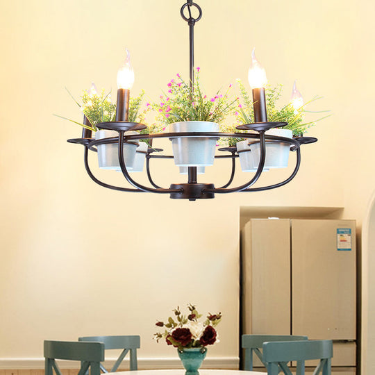 Industrial Iron Candelabra Chandelier, 6/8 Head Black Pendant Light with Potted Plant Decor - Perfect for the Living Room