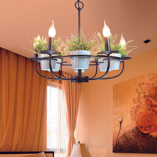 Industrial Iron Candelabra Chandelier, 6/8 Head Black Pendant Light with Potted Plant Decor - Perfect for the Living Room