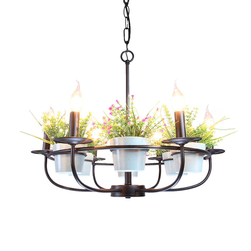 Industrial Iron Candelabra Chandelier, 6/8 Head Black Pendant Light with Potted Plant Decor - Perfect for the Living Room