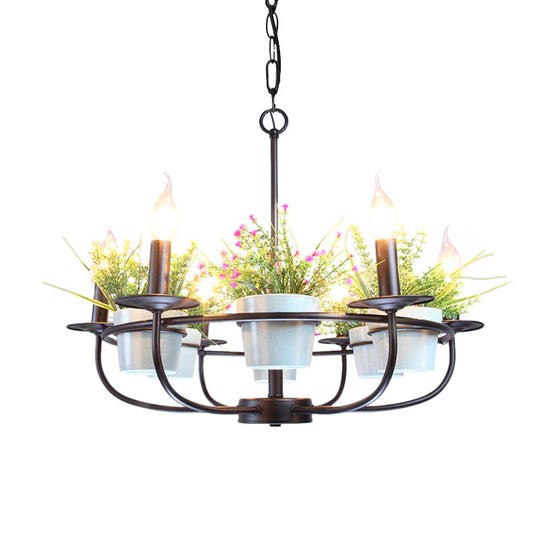 Industrial Iron Candelabra Chandelier, 6/8 Head Black Pendant Light with Potted Plant Decor - Perfect for the Living Room