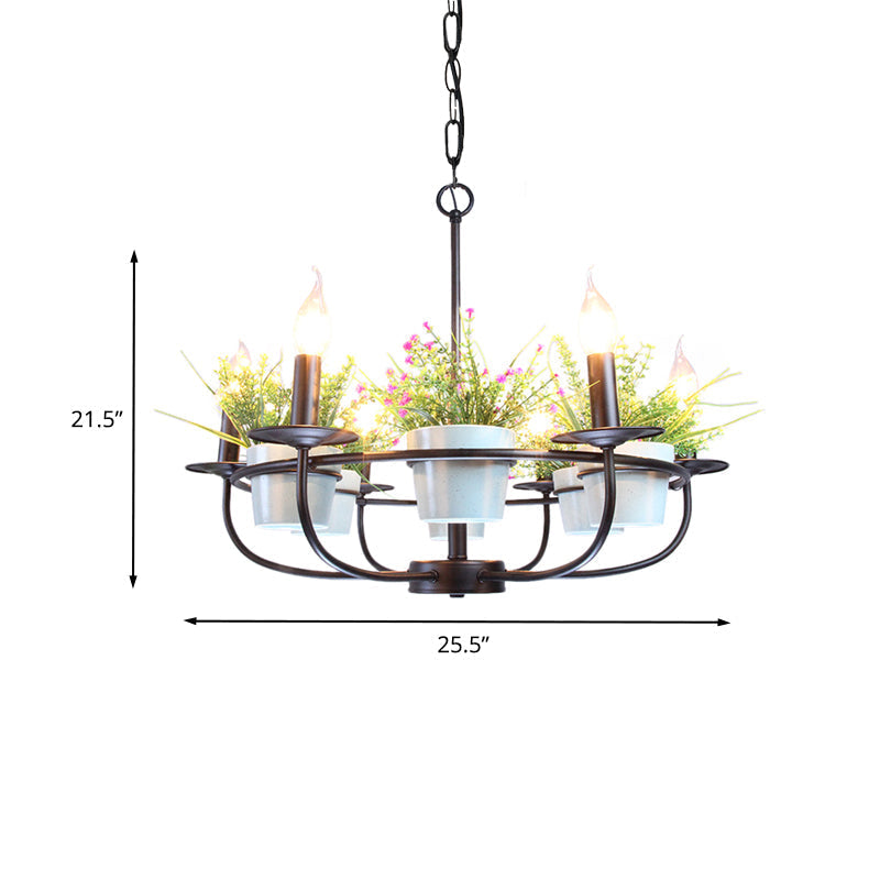 Industrial Iron Candelabra Chandelier, 6/8 Head Black Pendant Light with Potted Plant Decor - Perfect for the Living Room