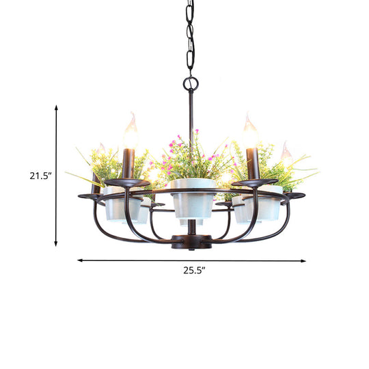 Industrial Iron Candelabra Chandelier, 6/8 Head Black Pendant Light with Potted Plant Decor - Perfect for the Living Room