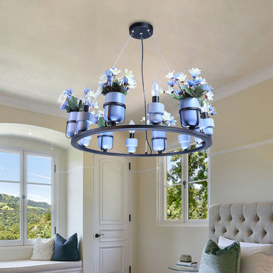 Industrial Ceramic Hanging Chandelier with Potted Plant Design - 6/8 Lights - Pink/Blue Circular Pendant Ceiling Light