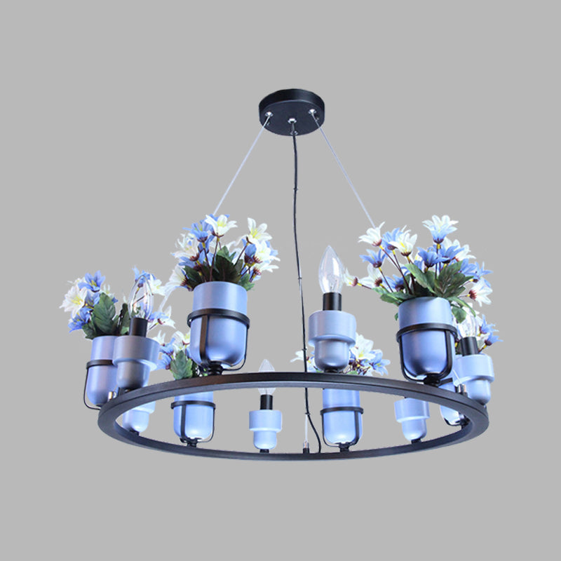 Industrial Ceramic Hanging Chandelier with Potted Plant Design - 6/8 Lights - Pink/Blue Circular Pendant Ceiling Light