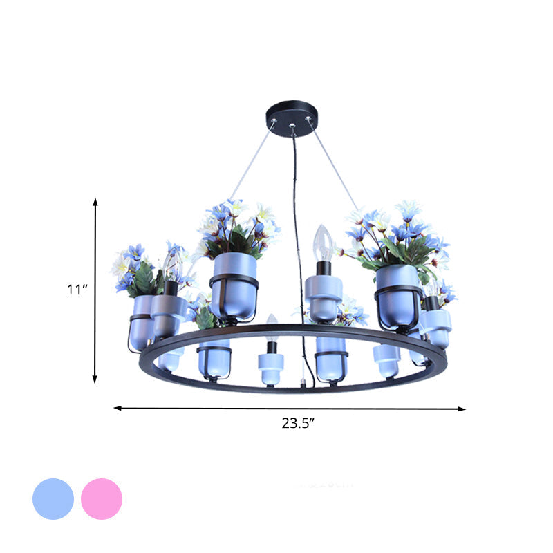 Industrial Ceramic Hanging Chandelier with Potted Plant Design - 6/8 Lights - Pink/Blue Circular Pendant Ceiling Light