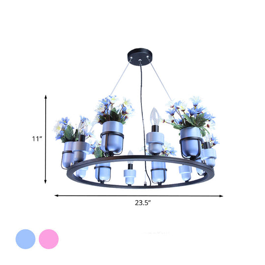 Ceramic Hanging Chandelier With Potted Plant Design And Multiple Light Options In Pink/Blue