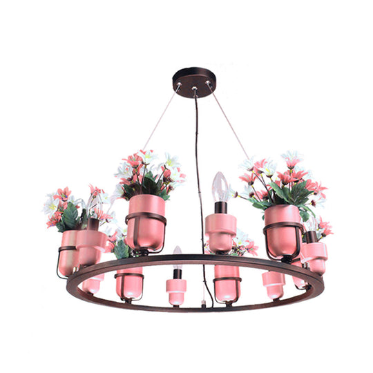 Industrial Ceramic Hanging Chandelier with Potted Plant Design - 6/8 Lights - Pink/Blue Circular Pendant Ceiling Light