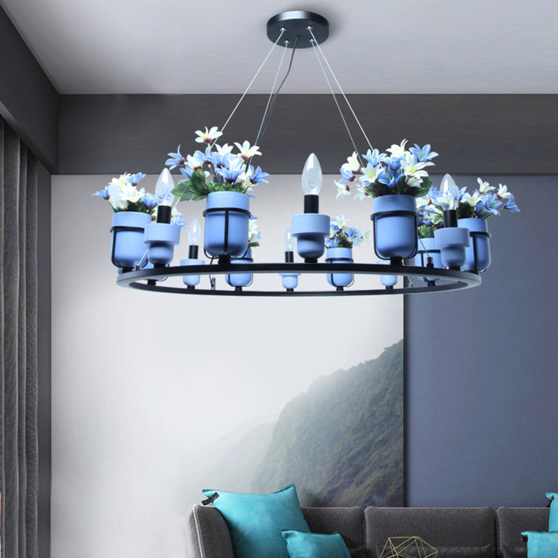 Industrial Ceramic Hanging Chandelier with Potted Plant Design - 6/8 Lights - Pink/Blue Circular Pendant Ceiling Light