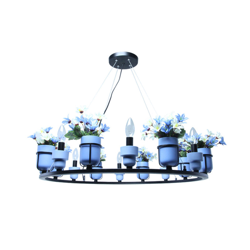 Industrial Ceramic Hanging Chandelier with Potted Plant Design - 6/8 Lights - Pink/Blue Circular Pendant Ceiling Light