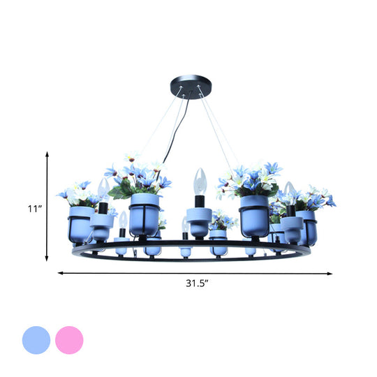 Ceramic Hanging Chandelier With Potted Plant Design And Multiple Light Options In Pink/Blue