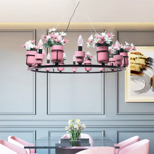 Ceramic Hanging Chandelier With Potted Plant Design And Multiple Light Options In Pink/Blue