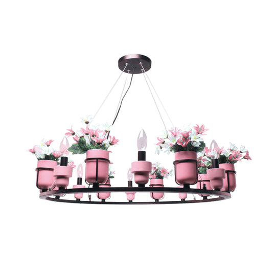 Industrial Ceramic Hanging Chandelier with Potted Plant Design - 6/8 Lights - Pink/Blue Circular Pendant Ceiling Light