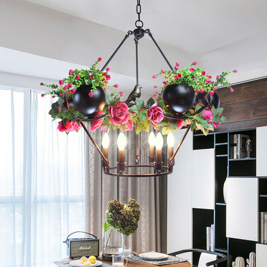 Industrial Iron Chandelier With 6/8 Bulbs And Flower & Bird Decor For Restaurant Pendant Lighting In