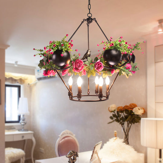 Iron Candle Chandelier with Industrial Style and Elegant Flower & Bird Decor - Perfect for Restaurants & Homes in Black"

Alternatively: "Industrial Iron Candle Chandelier with Elegant Flower & Bird Decor - Ideal for Restaurants & Homes (6/8 Bulbs, Black)