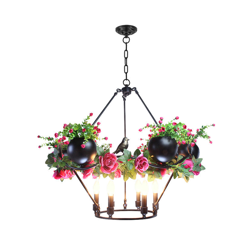 Iron Candle Chandelier with Industrial Style and Elegant Flower & Bird Decor - Perfect for Restaurants & Homes in Black"

Alternatively: "Industrial Iron Candle Chandelier with Elegant Flower & Bird Decor - Ideal for Restaurants & Homes (6/8 Bulbs, Black)