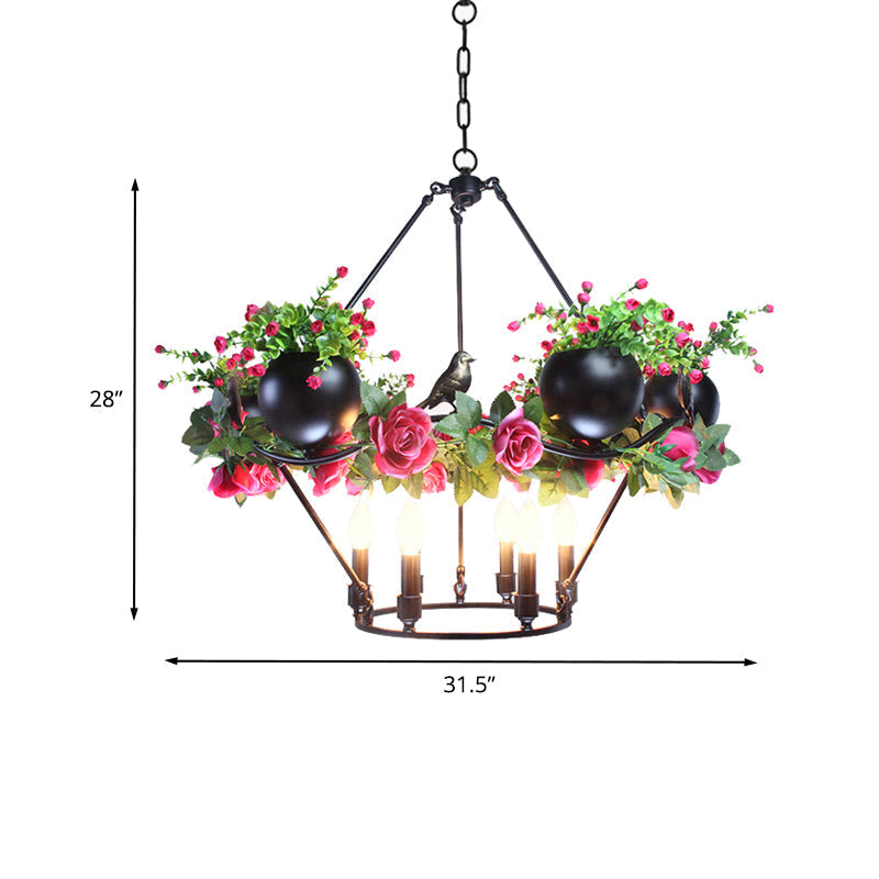 Iron Candle Chandelier with Industrial Style and Elegant Flower & Bird Decor - Perfect for Restaurants & Homes in Black"

Alternatively: "Industrial Iron Candle Chandelier with Elegant Flower & Bird Decor - Ideal for Restaurants & Homes (6/8 Bulbs, Black)