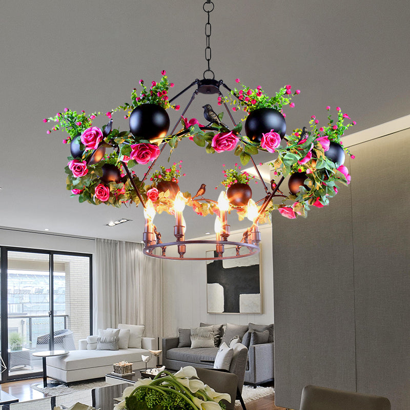 Industrial Iron Chandelier With 6/8 Bulbs And Flower & Bird Decor For Restaurant Pendant Lighting In