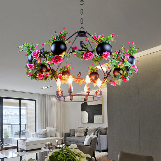 Industrial Iron Chandelier With 6/8 Bulbs And Flower & Bird Decor For Restaurant Pendant Lighting In