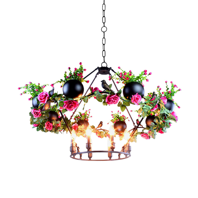 Iron Candle Chandelier with Industrial Style and Elegant Flower & Bird Decor - Perfect for Restaurants & Homes in Black"

Alternatively: "Industrial Iron Candle Chandelier with Elegant Flower & Bird Decor - Ideal for Restaurants & Homes (6/8 Bulbs, Black)