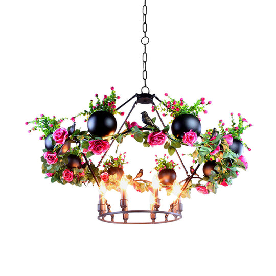 Iron Candle Chandelier with Industrial Style and Elegant Flower & Bird Decor - Perfect for Restaurants & Homes in Black"

Alternatively: "Industrial Iron Candle Chandelier with Elegant Flower & Bird Decor - Ideal for Restaurants & Homes (6/8 Bulbs, Black)