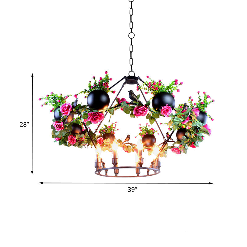 Iron Candle Chandelier with Industrial Style and Elegant Flower & Bird Decor - Perfect for Restaurants & Homes in Black"

Alternatively: "Industrial Iron Candle Chandelier with Elegant Flower & Bird Decor - Ideal for Restaurants & Homes (6/8 Bulbs, Black)