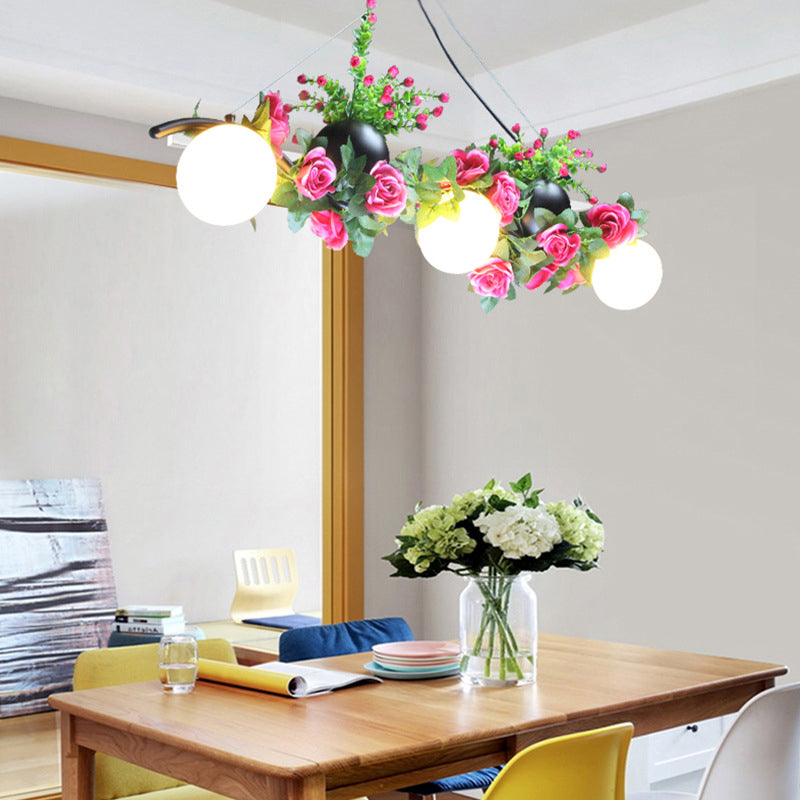 Industrial Opal Glass Pendant Light With 3 Black Flower Heads For Dining Room Island