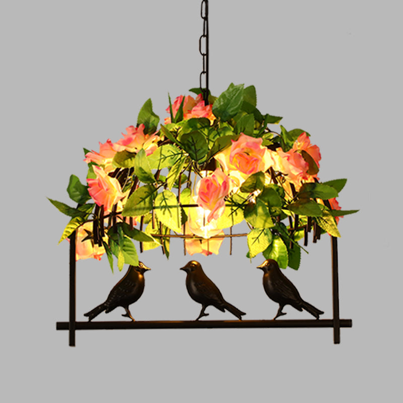 Iron Industrial Birdcage Island Pendant With Down Lighting And Rose Decoration - Black Finish