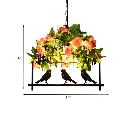 Iron Industrial Birdcage Island Pendant With Down Lighting And Rose Decoration - Black Finish