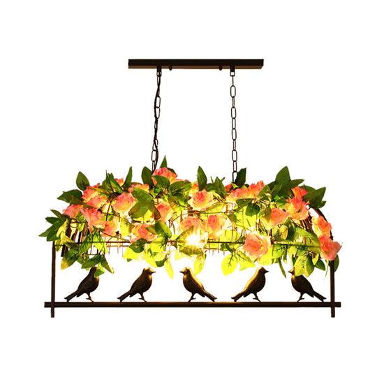 Iron Industrial Birdcage Island Pendant With Down Lighting And Rose Decoration - Black Finish