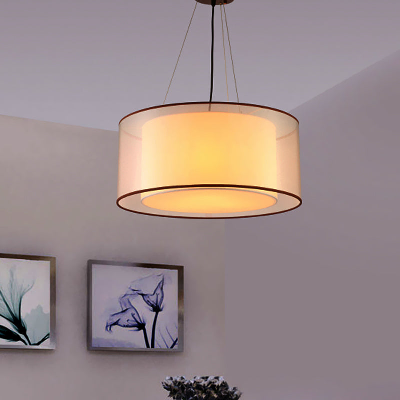 Modern 2-Layer Chandelier: Rectangle/Round Design, 3 Bulbs - Flaxen Fabric - Dining Room Ceiling Lamp