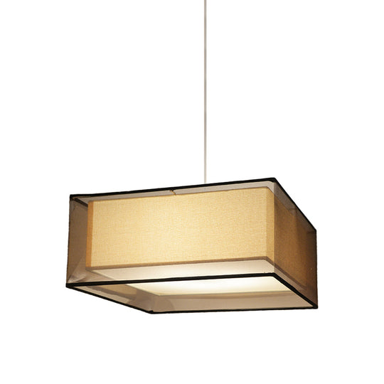 Modern 2-Layer Chandelier: Rectangle/Round Design, 3 Bulbs - Flaxen Fabric - Dining Room Ceiling Lamp