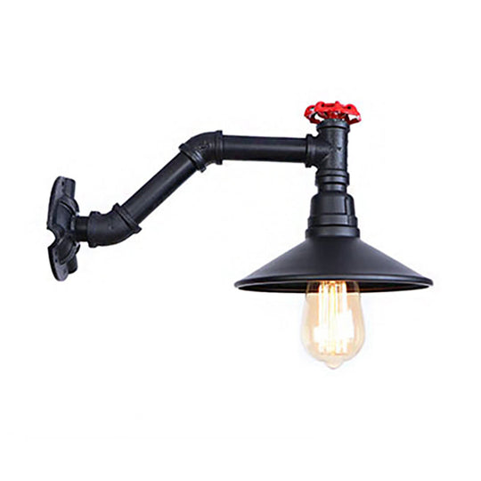 Vintage Industrial Black Metal Wall Lamp Sconce - 1 Head Pipe Light Cone Shade & Valve