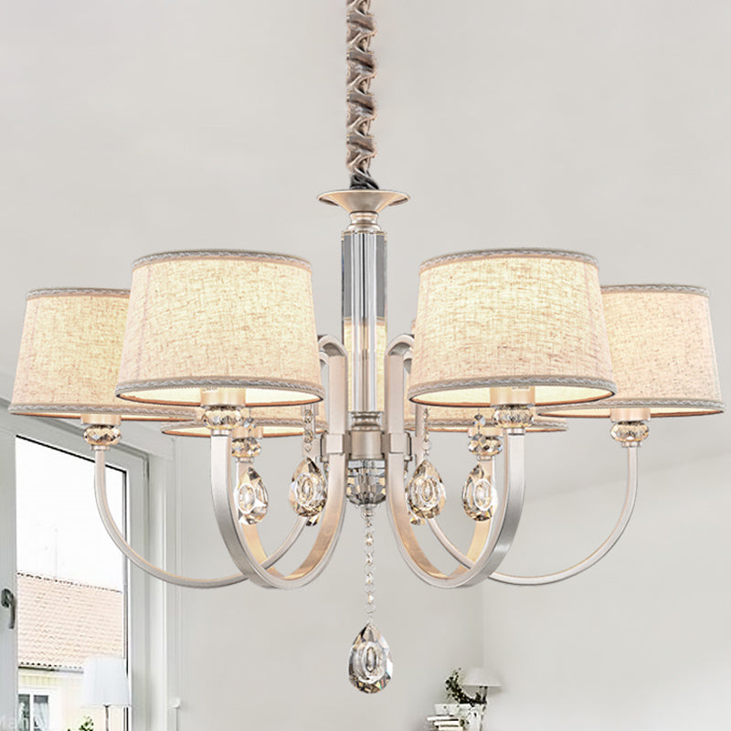 Modern Nickel Swoop Arm Chandelier: 3/6 Lights, Metal Drop Lamp with Flaxen Fabric Shade and K9 Crystal Decor