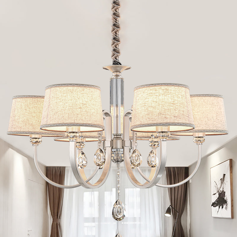 Modern Nickel Swoop Arm Chandelier: 3/6 Lights, Metal Drop Lamp with Flaxen Fabric Shade and K9 Crystal Decor