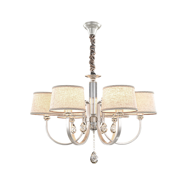 Modern Nickel Swoop Arm Chandelier: 3/6 Lights, Metal Drop Lamp with Flaxen Fabric Shade and K9 Crystal Decor