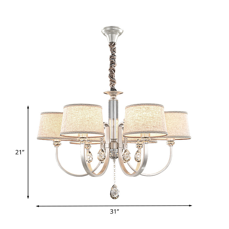 Modern Nickel Swoop Arm Chandelier: 3/6 Lights, Metal Drop Lamp with Flaxen Fabric Shade and K9 Crystal Decor