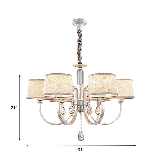 Modern Nickel Swoop Arm Chandelier: 3/6 Lights, Metal Drop Lamp with Flaxen Fabric Shade and K9 Crystal Decor