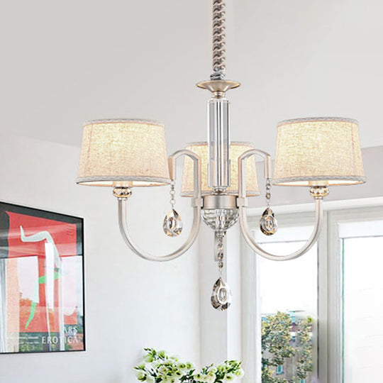 Modern Nickel Swoop Arm Chandelier: 3/6 Lights, Metal Drop Lamp with Flaxen Fabric Shade and K9 Crystal Decor