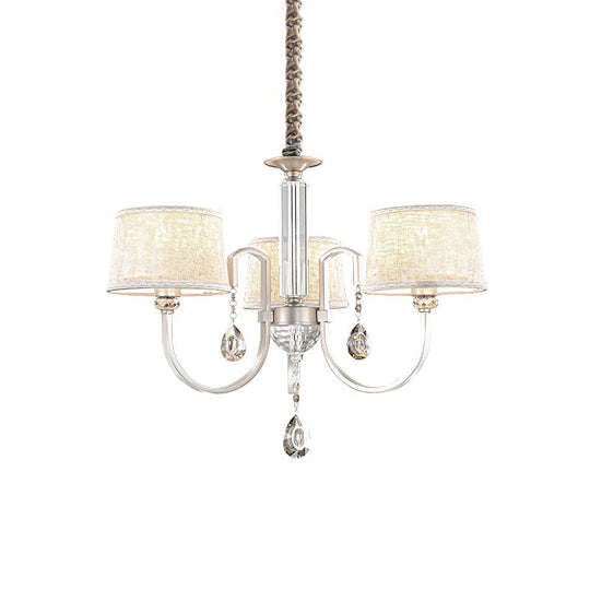 Modern Nickel Chandelier With Swoop Arms Flaxen Fabric Shade And Crystals - 3/6 Lights