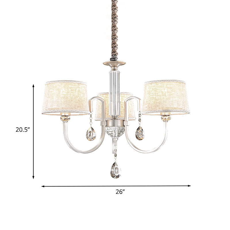 Modern Nickel Swoop Arm Chandelier: 3/6 Lights, Metal Drop Lamp with Flaxen Fabric Shade and K9 Crystal Decor