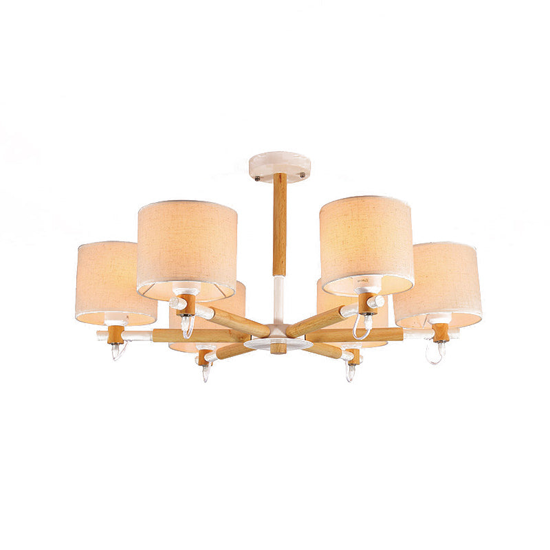 6-Head Nordic Wooden Semi Flush Chandelier with Fabric Shade for Living Room Ceiling